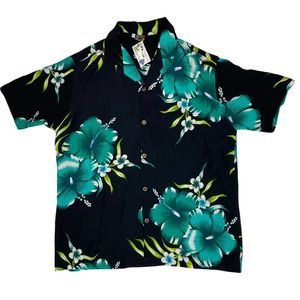 Large Men Black Green Floral Aloha Fashion Hawaiian Short Sleeve Button Up Shirt